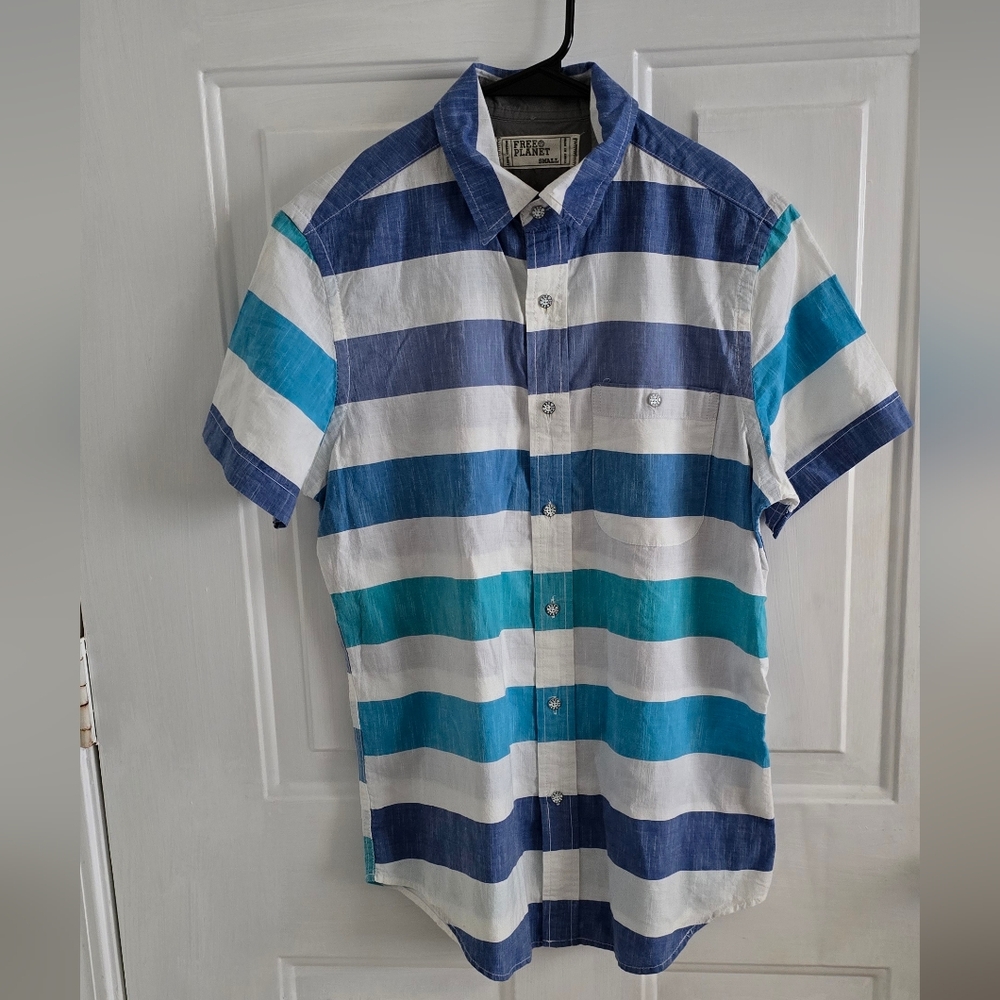 Free Planet Blue and White Striped Casual Shirt